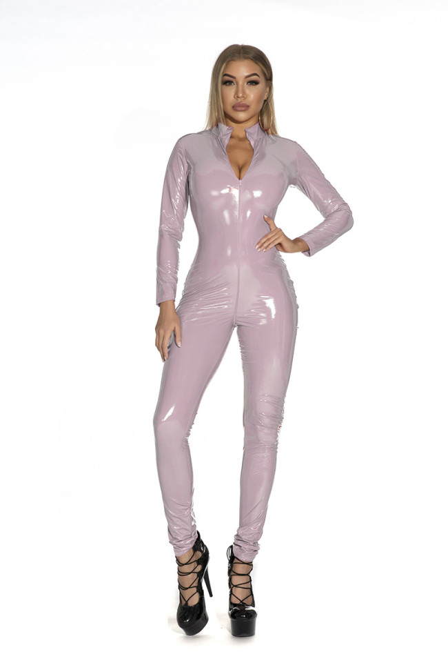Pink Patent PU Zipper Catsuit Lingerie S-5XL
