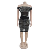 Off Shoulder See Through Mesh Rhinestone Sexy Club Dress