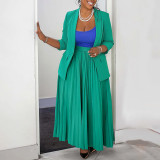 Trendy Office Lady Plus Size Blazer and Pleated Skirt 2PCS Set