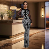 Rhinestone Long Sleeve Sexy See Through Maxi Evening Dress