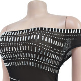 Off Shoulder See Through Mesh Rhinestone Sexy Club Dress
