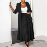 Trendy Office Lady Plus Size Blazer and Pleated Skirt 2PCS Set