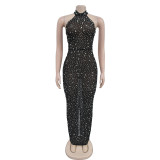 Rhinestone Mesh See Through Sexy Halter Low Back Slit Evening Dress