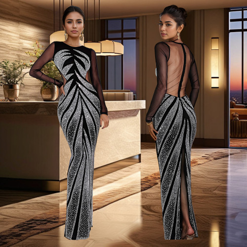 Rhinestone Long Sleeve Sexy See Through Maxi Evening Dress