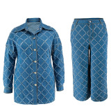 Plus Size Denim Two Pieces Long Sleeve Shirt + Pants Set