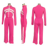 Street Style Contrast Patchwork Tracksuit Zipper Top and Pants Set