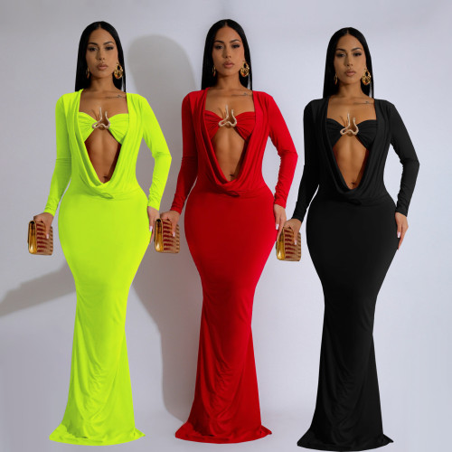 Solid V-neck Draped Ruched Sexy Long Sleeve Bodycon Maxi Dress