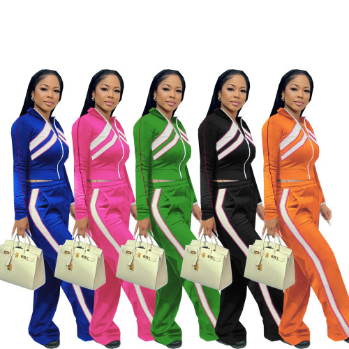 Street Style Contrast Patchwork Tracksuit Zipper Top and Pants Set