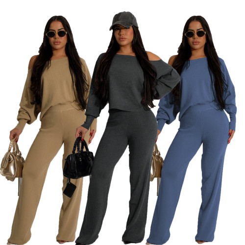 Solid Casual Loose Boat Neck Top and Pants Two Piece Set