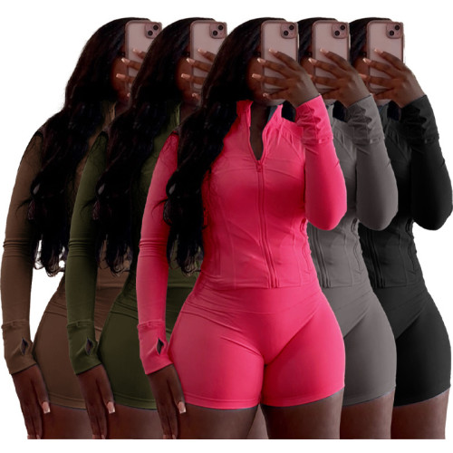 Sexy Casual Sports Tight Fit Long Sleeve Zipper Top and Shorts 2PCS Set
