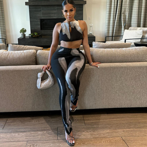 Print Tight Fit Zipper Tank Crop Top & Pants Stylish 2PCS Set