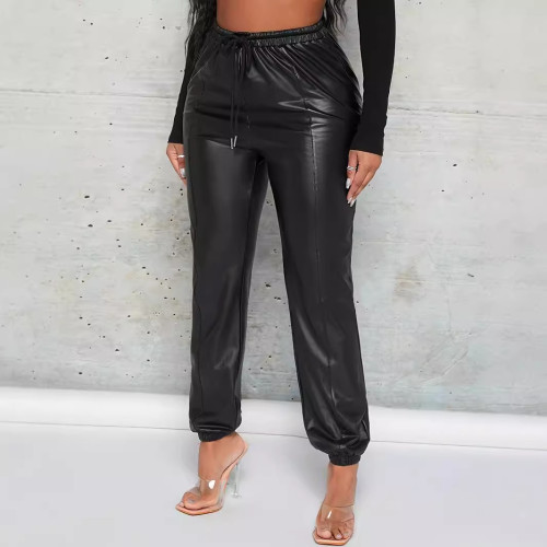 Drawsting Casual PU Leather Pants