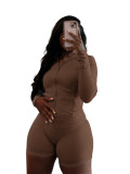 Sexy Casual Sports Tight Fit Long Sleeve Zipper Top and Shorts 2PCS Set