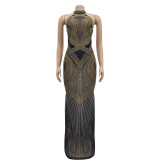 Solid Mesh Rhinestone Halter Neck Maxi Dress