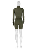 Sexy Casual Sports Tight Fit Long Sleeve Zipper Top and Shorts 2PCS Set