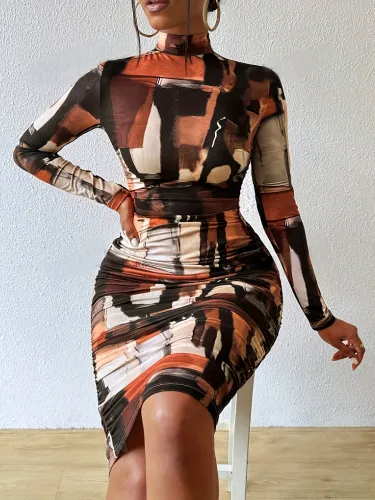 Mock Neck Print Long Sleeve Bodycon Dress