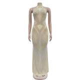 Solid Mesh Rhinestone Halter Neck Maxi Dress