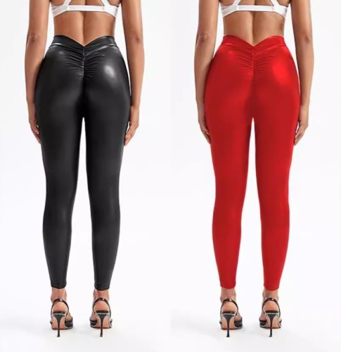 Sexy Scrunch Butt Pu Leather Stretchy Tight Fit V Waist Pants
