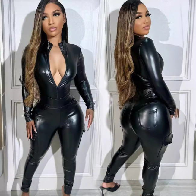 Black Stretchy PU Leather Zipper Top and Pants  2 Piece Set