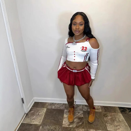 Sexy Print Cut Out Shoulder Long Sleeve Crop Top and Mini Skirt Two Pieces