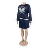 Casual Print Round Neck Long Sleeve Sweatshirt and Pleated Skirt Sports Two Piece Set