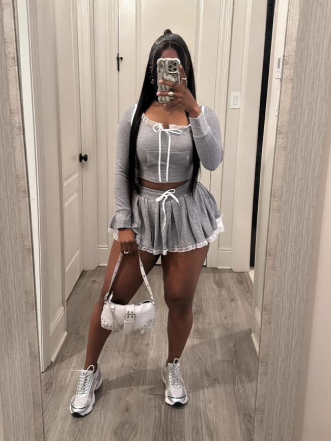 Lace Trim Front Pocket Long Sleeve Crop Top and Skirt Two Piece Set