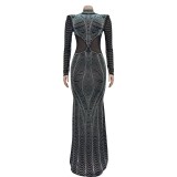 Mesh Splicing Rhinestone Mock Meck Sexy Maxi Dress