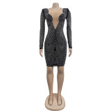 Sexy Rhinestone Mesh Patchwork Long Sleeves Club Dress
