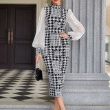 Women's Mesh Long Sleeve Plaid Printed Midi Bodycon Dress