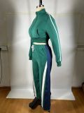 Casual Long Sleeve Cropped Zipper Jacket and Denim Patchwork Pants Two Piece Set