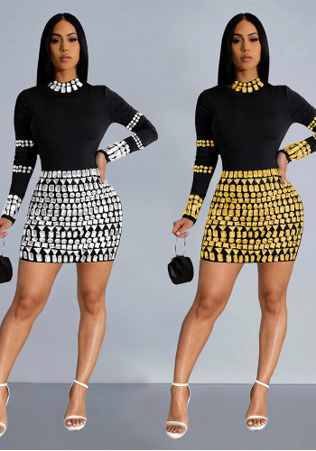 Fashion Sexy Women's Rhinestone Long Sleeve Slim Party Dress