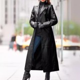 Women's Buttoned PU Leather Plus Size Slim Fit Long Trench Coat