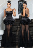 Black Straps Flower Mesh Patchwork Rhinestone Party dress