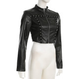 Black PU Leather Metal Rivet Zipper Long SleeveStreet Fashion Short Jacket for Women