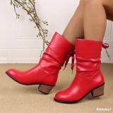 Plus Size Knight Boots Back Lace-Up Mid-Tube Boots Chunky Heel Round Toe Womens Boots