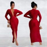 Solid Deep V-Neck Ruched Slit Midi Dress