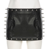 Women Punk Rivet Black Sexy PU-Leather Mini Skirt