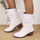 Plus Size Knight Boots Back Lace-Up Mid-Tube Boots Chunky Heel Round Toe Womens Boots