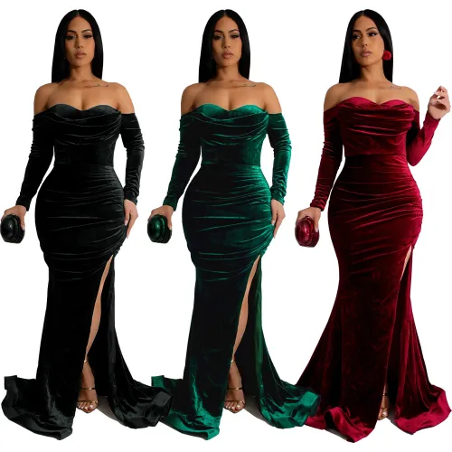 Solid Velvet Ruched Off Shoulder Slit Long Evening Dress