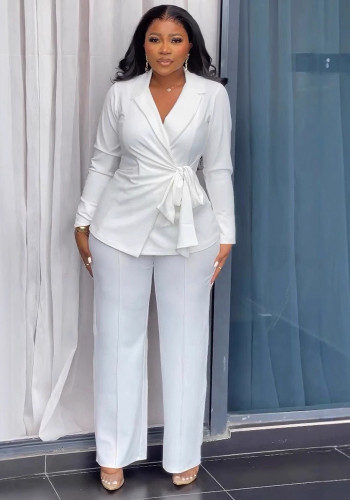 Solid Tie Blazer Wide Leg Pants 2-Piece Set