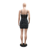 Black Rhinestone Sexy Cami V-Neck Formal Party Bodycon Dress