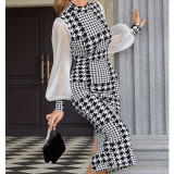 Women's Mesh Long Sleeve Plaid Printed Midi Bodycon Dress
