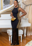 Rhinestone Round Neck Sleeveless Tassel Bodycon Maxi Party Dress