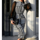 Women's Mesh Long Sleeve Plaid Printed Midi Bodycon Dress