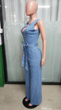 Zip Up Sleeveless Straight Loose Denim Jumpsuit