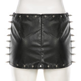 Women Punk Rivet Black Sexy PU-Leather Mini Skirt