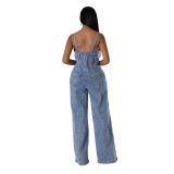 Casual Sexy Suspender Button Wide Leg Denim Jumpsuit