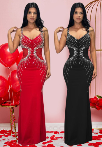 Sexy Straps V-Neck Slim Rhinestone Maxi Evening Dress