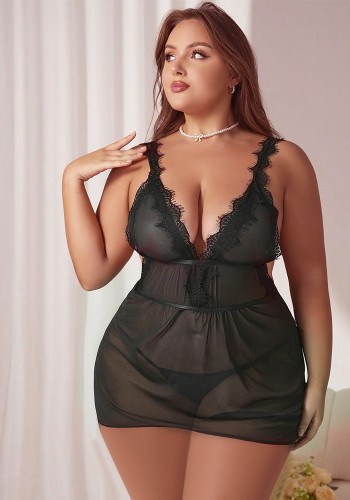 Plus Size Black Mesh Cami Sleeping Dress Sexy Lingerie