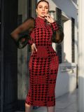 Women's Mesh Long Sleeve Plaid Printed Midi Bodycon Dress